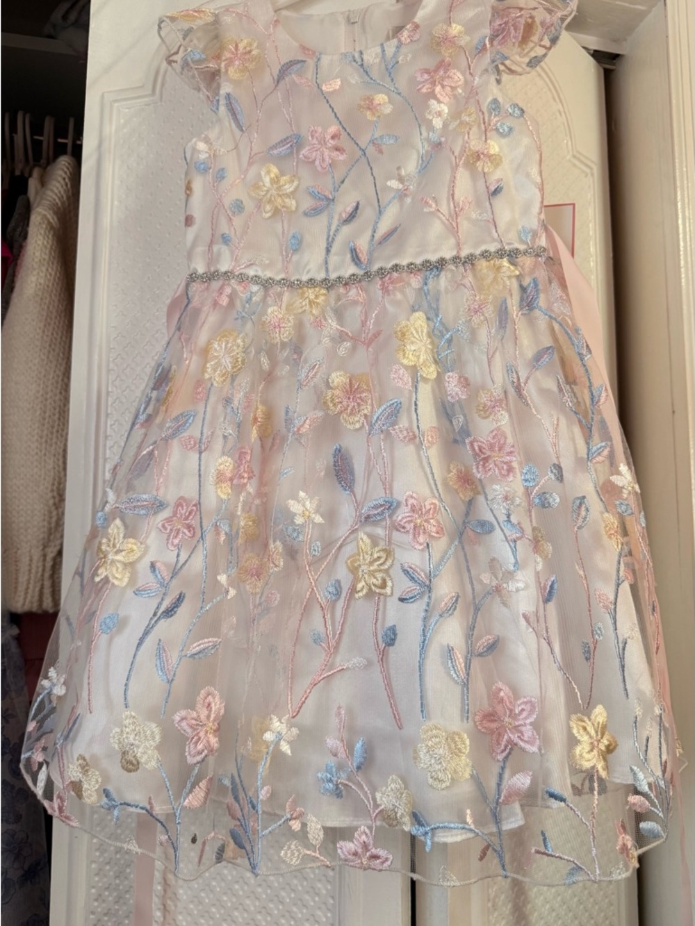 Rare Editions Pastel Floral Embroidered Tulle Party Dress